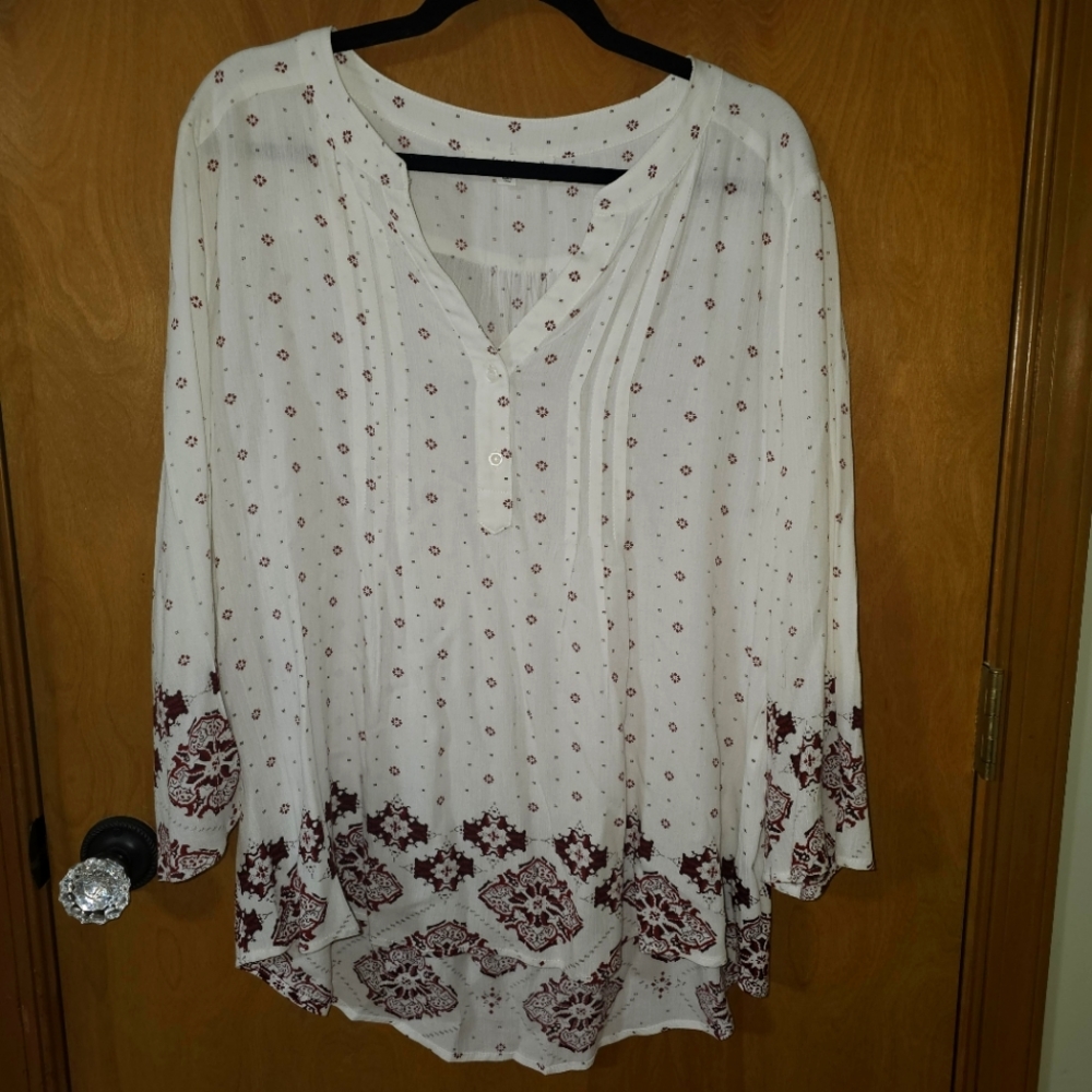 FUN2FUN Women White Red Floral Henley Blouse XL